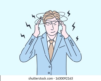 Tired businessman flat color illustration. Man feeling exhausted and unhealthy, having headache, dizziness isolated cartoon character with outline. Stressed, overworked employee with migraine