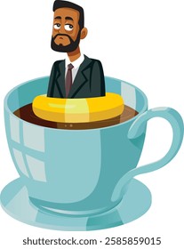 
Tired Businessman Floating in a Cup of Coffee Vector Cartoon Character. Exhausted unhappy businessman in need for his caffeine dose
