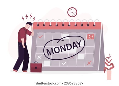 Tired businessman going to work, calendar showing Monday. Depression and sadness worker man. Monday blues, tired and fear of routine office work, sleepy and frustrated on Monday morning. flat vector