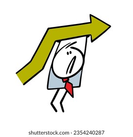 Tired businessman hardly holds a big arrow, high company performance. Vector illustration of financial success in work and business. Person isolated on white background.