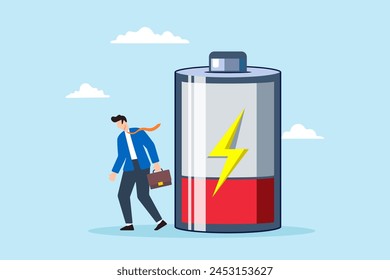 Tired businessman with low battery illustrating exhaustion, fatigue, and burnout resulting from hard work. Concept of stress, anxiety, and potential depression from unhealthy work habits