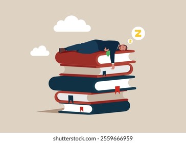 Tired businessman lying on stack of books and sleep. Education and study new skill. Burnout, student take break. Modern flat vector illustration