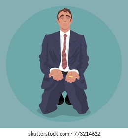 Tired businessman or manager in crumpled suit, kneeling and begging. Dismissal or crisis concept. Simplistic realistic comic art style. Front face view. Vector illustration