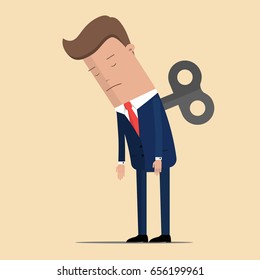 Tired businessman or manager stands. The lack energy to do work. Business concept. Vector illustration