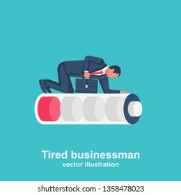 Tired businessman. Overworked human lies on a low battery. Vector illustration flat design. Isolated on background. Office work place. Fatigue from job.