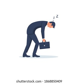 Tired businessman. Overworked human. Vector illustration flat design. Isolated on background. Office workplace. Fatigue from the job. Frustrated sad businessman.