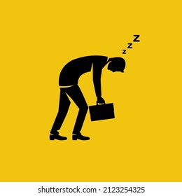 Tired businessman. Overworked human. Vector illustration flat design. Black icon isolated on background. Office workplace. Fatigue from the job. Frustrated sad businessman.