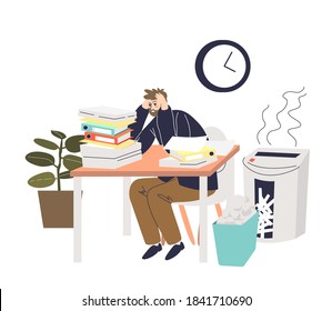 Tired businessman overworked with piles of documents at desk workplace. Exhausted overload office worker. Overwork and deadline concept. Cartoon vector illustration