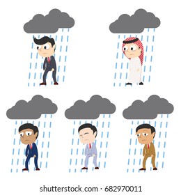 tired businessman with raining cloud in a different race set