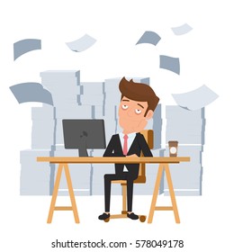 Tired businessman sitting at office desk and pile of paper work. Tired employee and want to help. Deadline concept. Cartoon Vector Illustration.