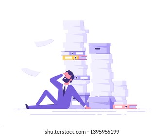 Tired businessman sitting on the floor clutching his head  with the piles of paper document around. Overwork concept. Modern vector illustration.