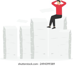 Tired businessman sitting on many documents, clutching his head with work, overwork and paper document around, Vector illustration design concept in flat style

