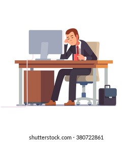 Tired businessman sleeping at his office desk with a cup of coffee. Flat style modern vector illustration.