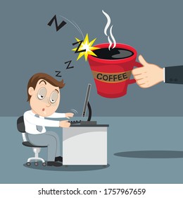 Tired Businessman Sleeping In Office With Big Coffee, illustration vector cartoon