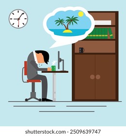 Tired Businessman Sleeping in The Office Dreaming about Vacation. Work and rest concept vector art