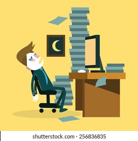 Tired businessman sleeping on the desk. flat design character. vector illustration
