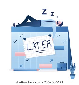 Tired businessman sleeping on giant calendar planner, note - later. Time break. Later, postponing work or delaying deadlines, meeting schedule reminders. Burnout, time management. vector illustration