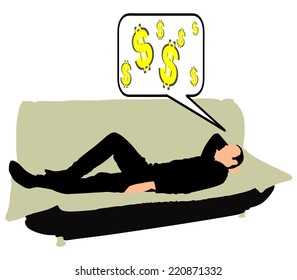 Tired businessman sleeping on a sofa and dreaming about money, vector