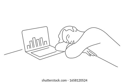 Tired businessman sleeping sleeping at the table with laptop. Hand drawn vector illustration.