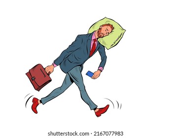 A tired businessman sleeps on the move. Goes to work in the morning with his head on a pillow. Pop Art Retro Vector Illustration 50s 60s Vintage kitsch style