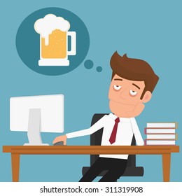 Tired businessman thinking about relax and beer. Cartoon Vector Illustration.