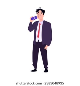 Tired businessman trying to get back to activity with off energy drink, flat cartoon vector illustration isolated on background. Energy drink supplements for active life.