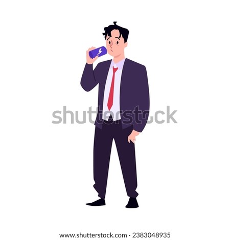 Tired businessman trying to get back to activity with off energy drink, flat cartoon vector illustration isolated on background. Energy drink supplements for active life.