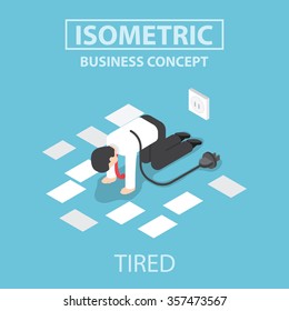 Tired businessman unplug and stop working, Flat 3d web isometric design, VECTOR, EPS10