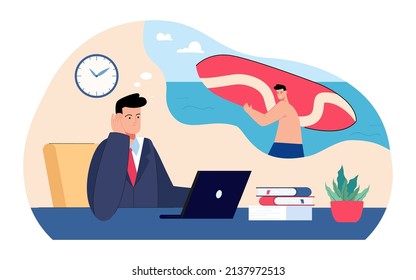 Tired businessman at work dreaming of holiday. Business person working on laptop, man in dream relaxing on beach flat vector illustration. Vacation, stress concept for banner, website design