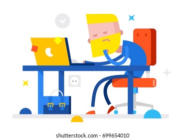 Tired Businessman Of Working Everyday On the Desk. Concept Flat Vector Illustration
