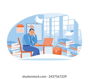 Empresario cansado trabajando en la oficina. Estresado por amontonar trabajo. Estrés en el concepto de Office. Ilustración vectorial plana.