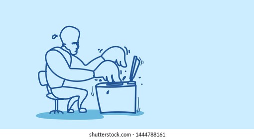 tired businessman working on laptop overworked business man sitting at table workplace desk hardworking process concept sketch doodle hand drawn full length horizontal