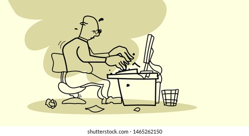 tired businessman working on laptop overworked business man sitting at table workplace desk hardworking process concept sketch doodle hand drawn full length horizontal