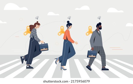 Tired businesspeople concept. Men and women with briefcases hardly go to work. Characters with low battery. Overworked bosses, emotional burnout. Multitasking. Cartoon flat vector illustration