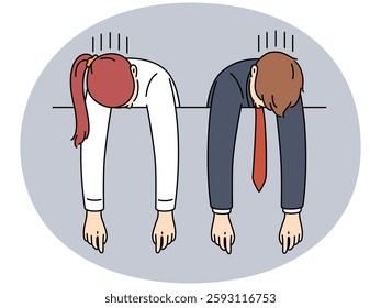 Tired businesspeople lying on empty white board suffer from exhaustion or overwork. Exhausted employees struggle with workload. Fatigue at workplace. Vector illustration.