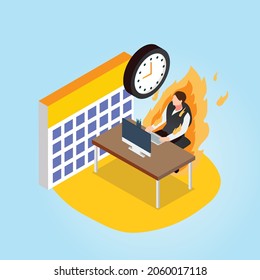 Tired businesswoman burnout on fire 3d isometric vector illustration concept for banner, website, landing page, ads, flyer template