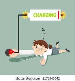 Tired Businesswoman charging battery, illustration vector cartoon