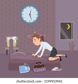  Tired Businesswoman Coming Home Late At Night After Hard Work Day, Illustrator Vector Cartoon Drawing