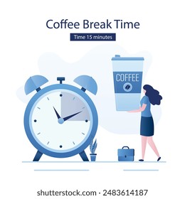 Tired businesswoman hold big cup of coffee. 15 minutes coffee break. Female entrepreneur or employee recharges low battery, charge of energy. Alarm clock, work schedule. Landing page, template. vector