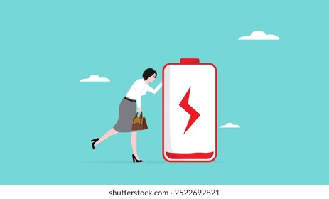 tired businesswoman illustration, low performance employee, lack of enthusiasm for work concept, businesswoman holding on to a battery whose power is almost empty, tired businesswoman with low battery