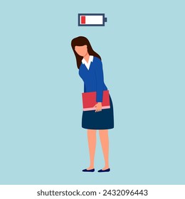 Tired businesswoman with lack of energy. Low battery employee concept vector illustration.