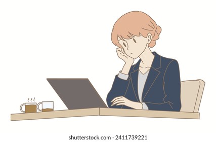 Tired businesswoman propping up face,resting chin in palm, sitting at office, working on laptop computer, drinking coffee. Hand drawn flat cartoon character vector illustration.