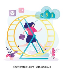 Tired businesswoman running in hamster wheel. Workaholic trying to make money or increase profits. Concept of hard work, fatigue of overwork. Girl runs with idea of earning. Flat vector illustration