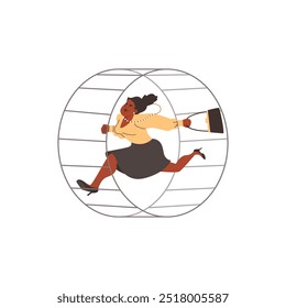 Tired businesswoman running in a wheel. The pursuit of success, money and career. Metaphor of the rat race. Character runs with a purse in her hands. Vector illustration isolated on white background.