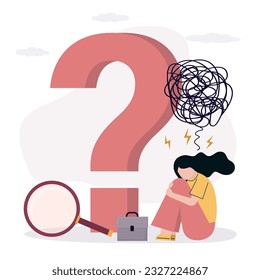 Tired businesswoman search and not find answers. Giant question mark and frustrated female employee sitting near. Uncertainty concept. Overcoming business obstacles. flat vector illustration