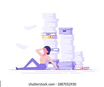 Tired businesswoman sitting on the floor clutching her head  with the piles of paper document around. Overwork concept. Modern vector illustration.