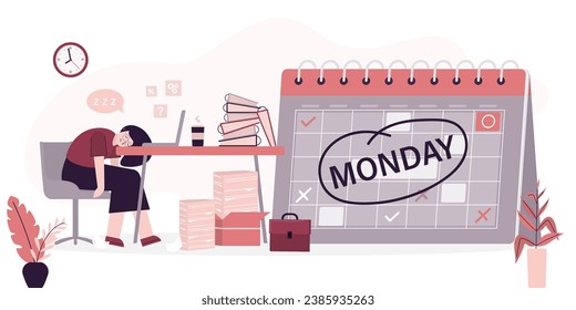 Tired businesswoman sleep at work, calendar showing Monday. Depression and sadness worker woman. Monday blues, tired and fear of routine office work, sleepy and frustrated on Monday morning. vector