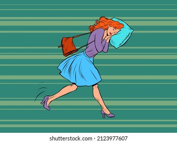 A tired businesswoman sleeps on the move. Goes to work in the morning with his head on a pillow. Pop Art Retro Vector Illustration 50s 60s Vintage kitsch style