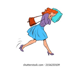 A tired businesswoman sleeps on the move. Goes to work in the morning with his head on a pillow. Pop Art Retro Vector Illustration 50s 60s Vintage kitsch style