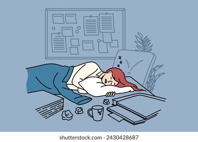 Tired businesswoman sleeps on office desk among papers and kanban board, due to burnout caused by strict deadlines. Sleeping clerk girl is forced to stay overnight at work because of deadlines